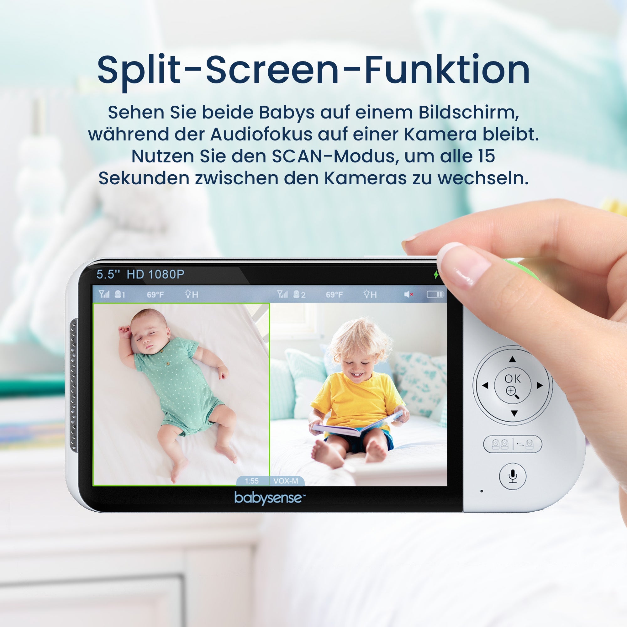 Babysense PRO: Babyphone Mit 3 Kameras, Ohne Wlan, Geteilte Bildschirm, Nachtlicht & Weißesrauschen