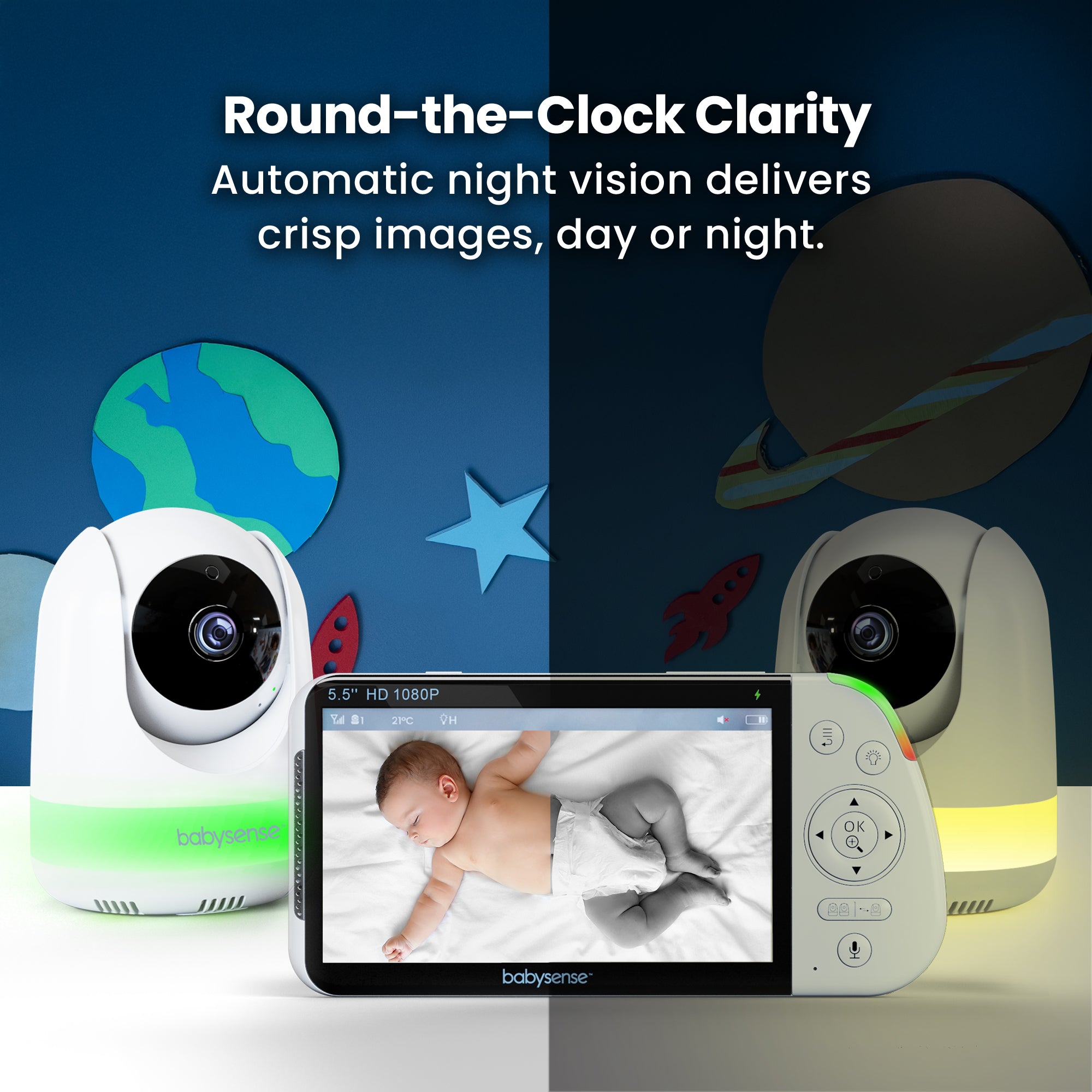 Babysense PRO: Video Baby Monitor with 1 Camera, Non Wifi, Split Screen, Night Light & Sound Machine
