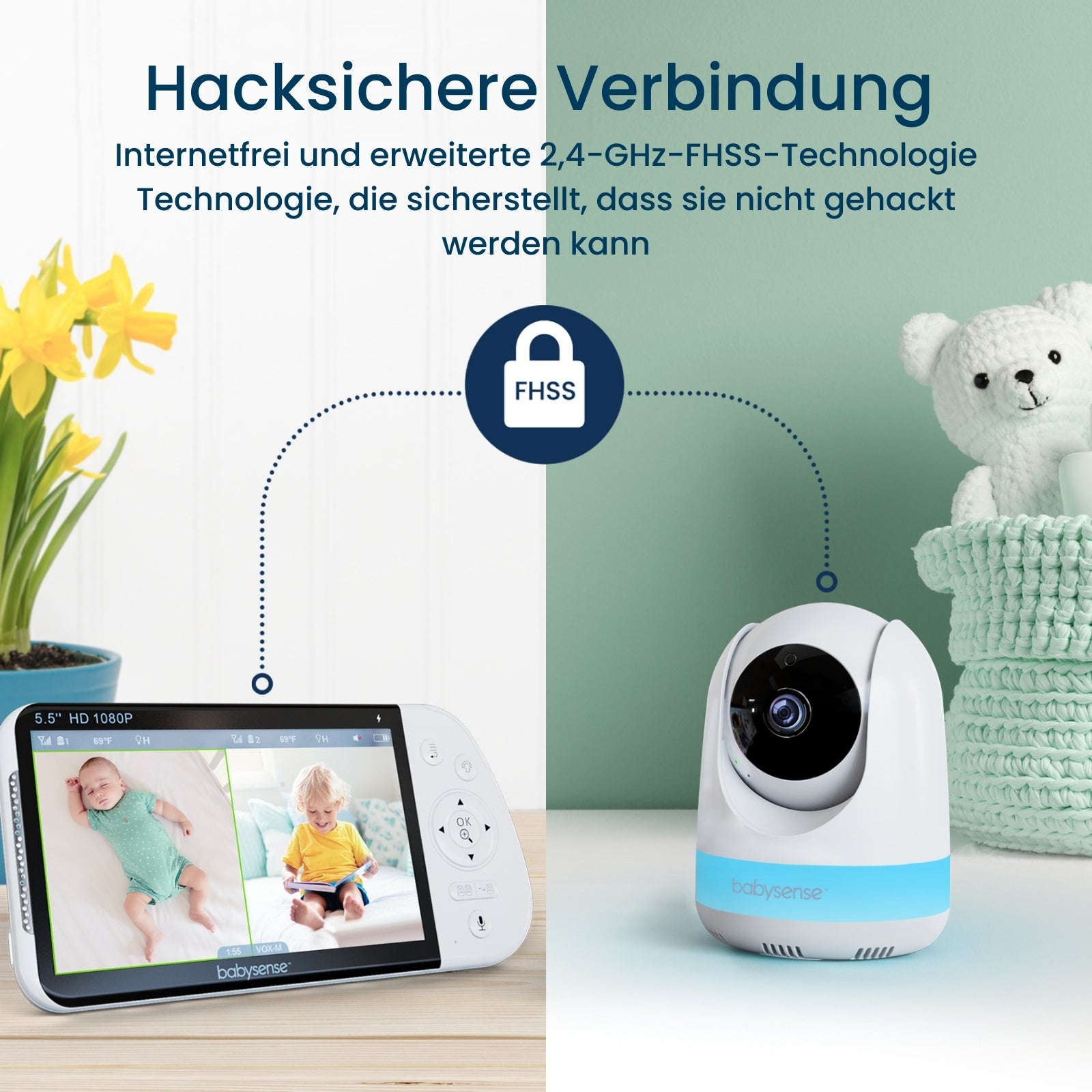Babysense PRO: Babyphone Mit 3 Kameras, Ohne Wlan, Geteilte Bildschirm, Nachtlicht & Weißesrauschen