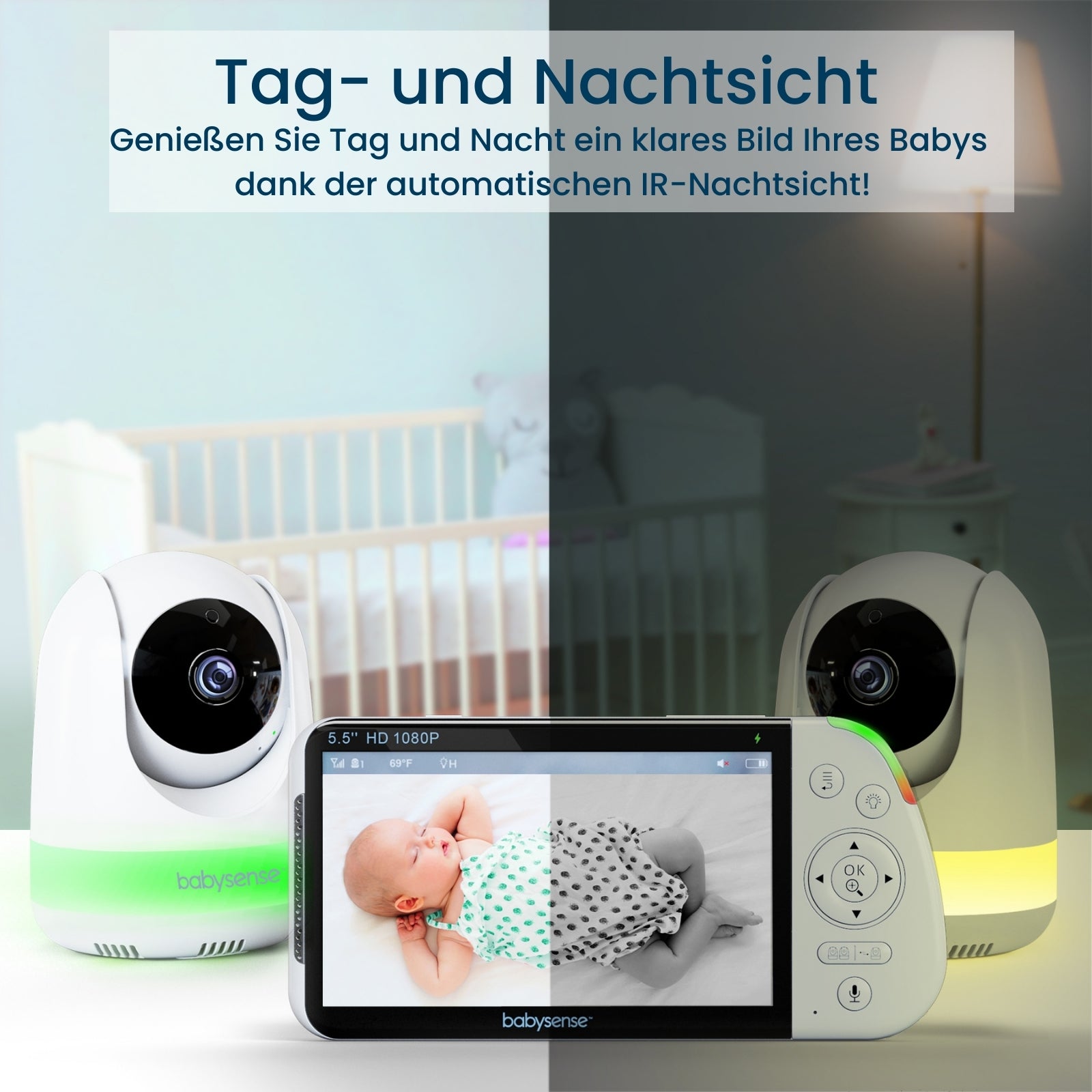 Babysense PRO: Babyphone Mit 3 Kameras, Ohne Wlan, Geteilte Bildschirm, Nachtlicht & Weißesrauschen