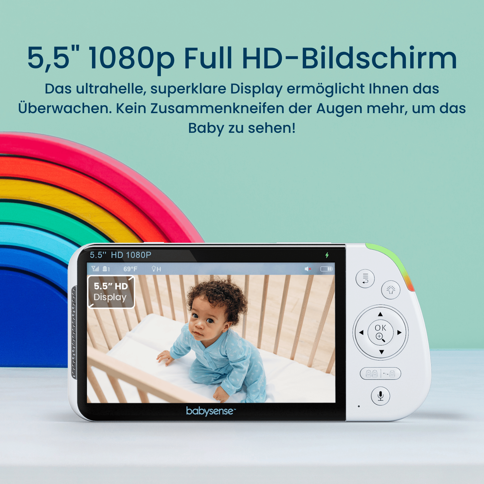 Babysense PRO: Babyphone Mit 3 Kameras, Ohne Wlan, Geteilte Bildschirm, Nachtlicht & Weißesrauschen