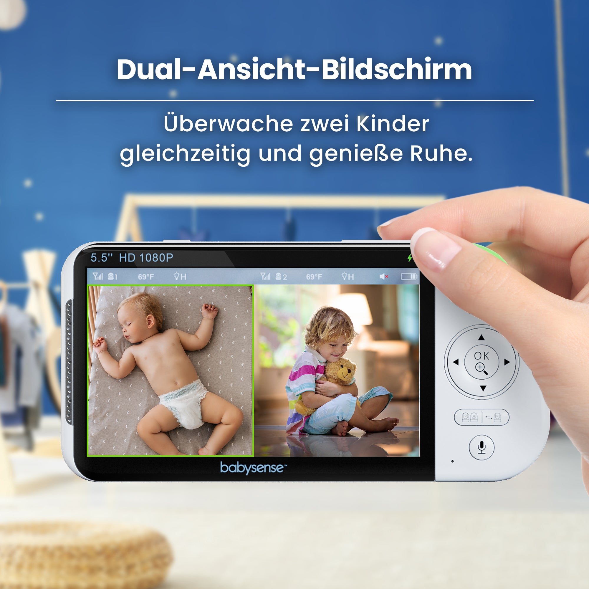 Babysense PRO: Video Baby Monitor with 2 Cameras, Non Wifi, Split Screen, Night Light & Sound Machine