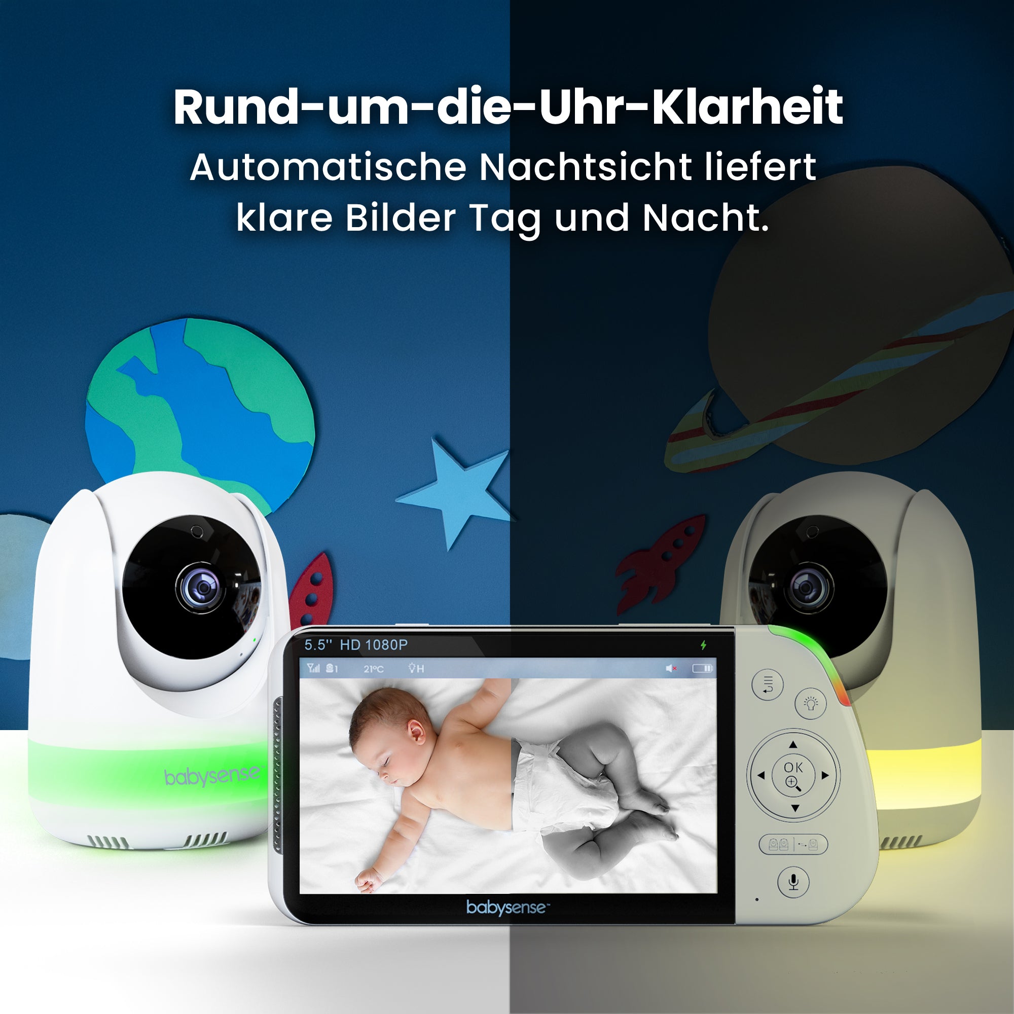 Babysense PRO: Video Baby Monitor with 2 Cameras, Non Wifi, Split Screen, Night Light & Sound Machine
