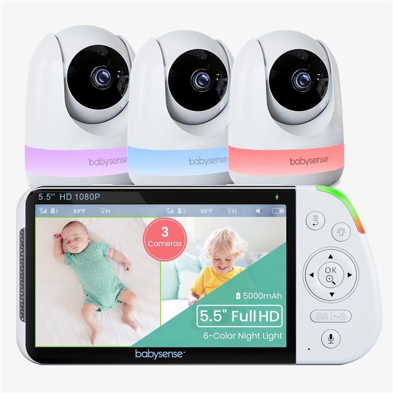 Babysense Pro: Video Baby Monitor with 3 Cameras, Non Wifi, Split Screen, Night Light & Sound Machine
