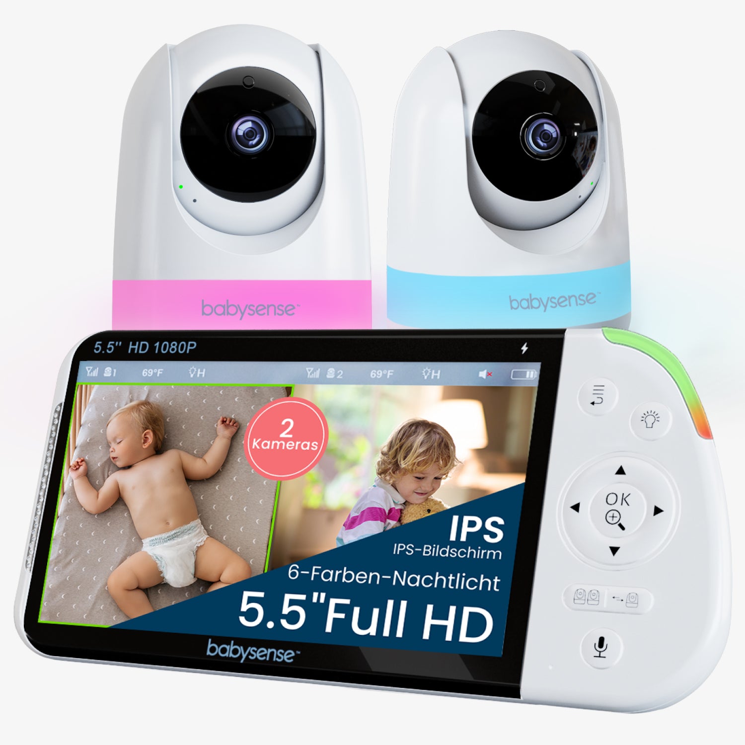 Babysense PRO: Video Baby Monitor with 2 Cameras, Non Wifi, Split Screen, Night Light & Sound Machine