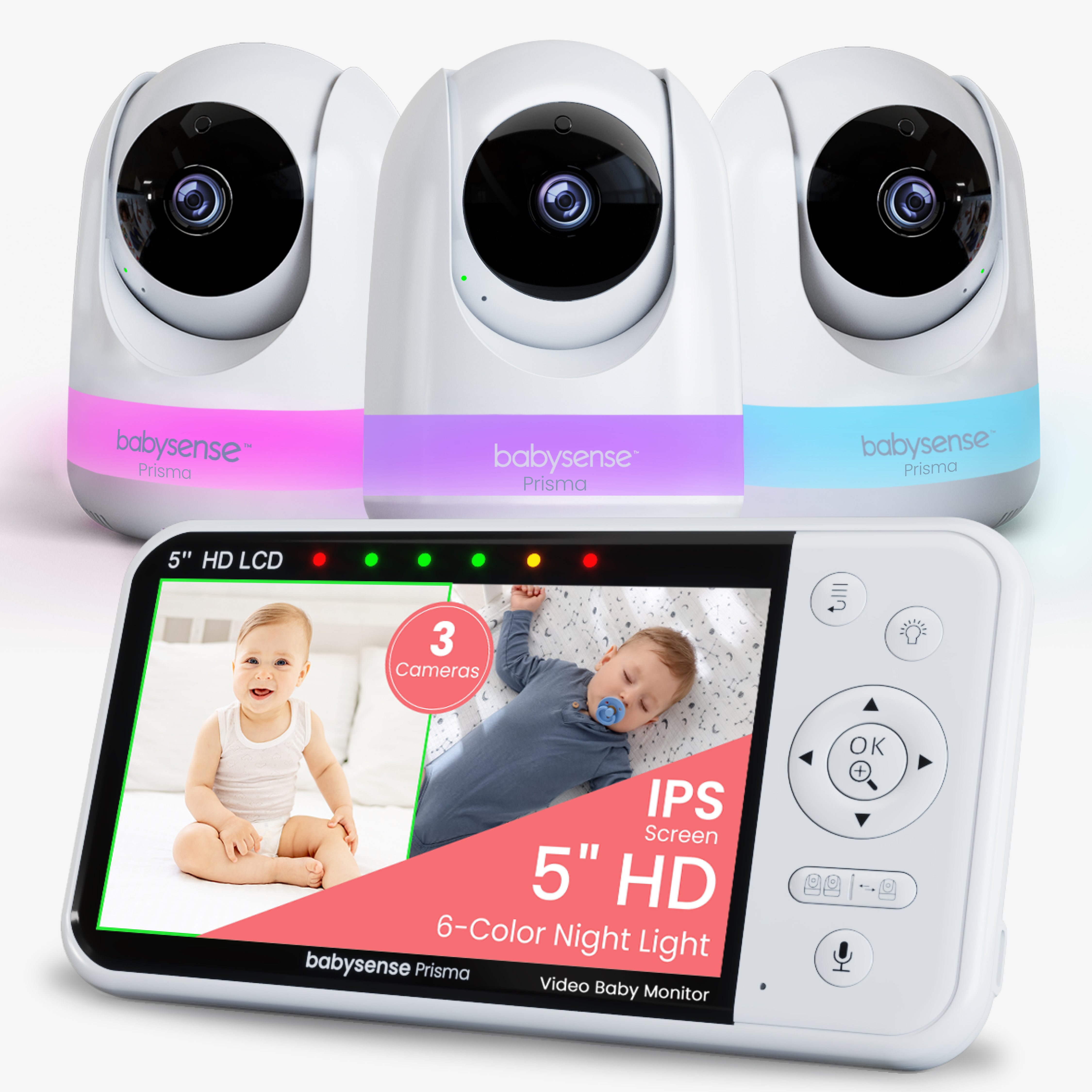 Babysense Prisma: Video Baby Monitor with 3 Cameras, Non Wifi, Split Screen, Night Light & Sound Machine